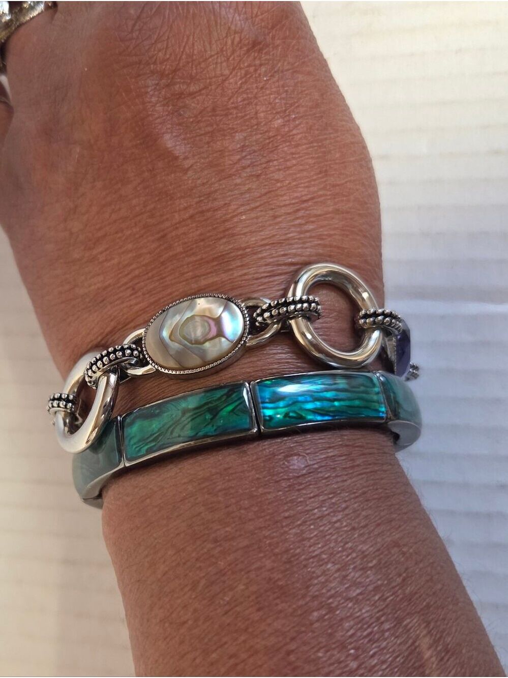 Vintage Epiphany Abalone Toggle Bracelet & Pacific Inlay Stretch Cuff Set